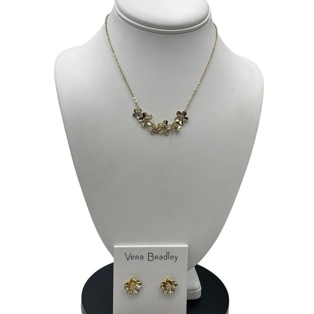 Vera Bradley "Petals" Neckace & Earrings‎ Set Gold Clear Rhinestone Flowers New